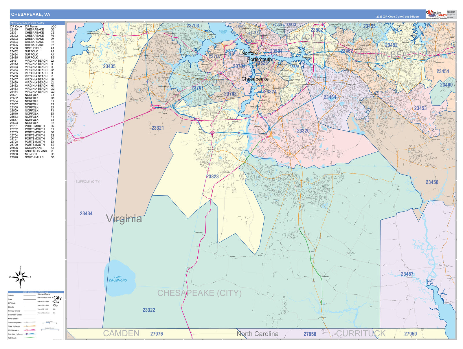 Color Cast Zip Code Style Wall Map of Chesapeake VA