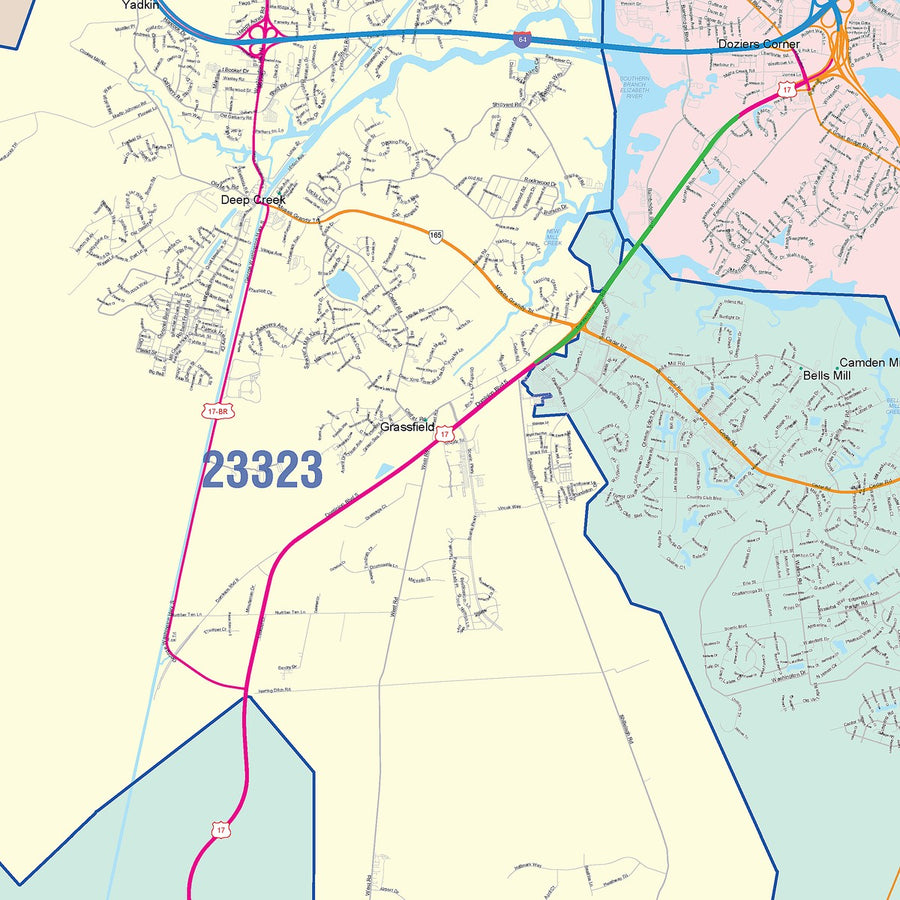 Color Cast Zip Code Style Wall Map of Chesapeake, VA – American Map Store