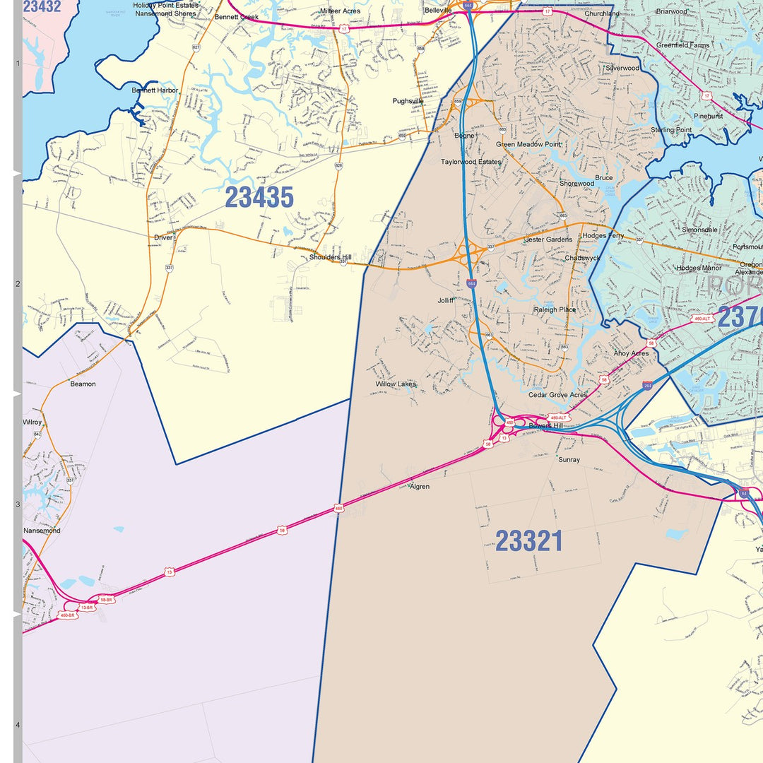Color Cast Zip Code Style Wall Map of Chesapeake, VA – American Map Store