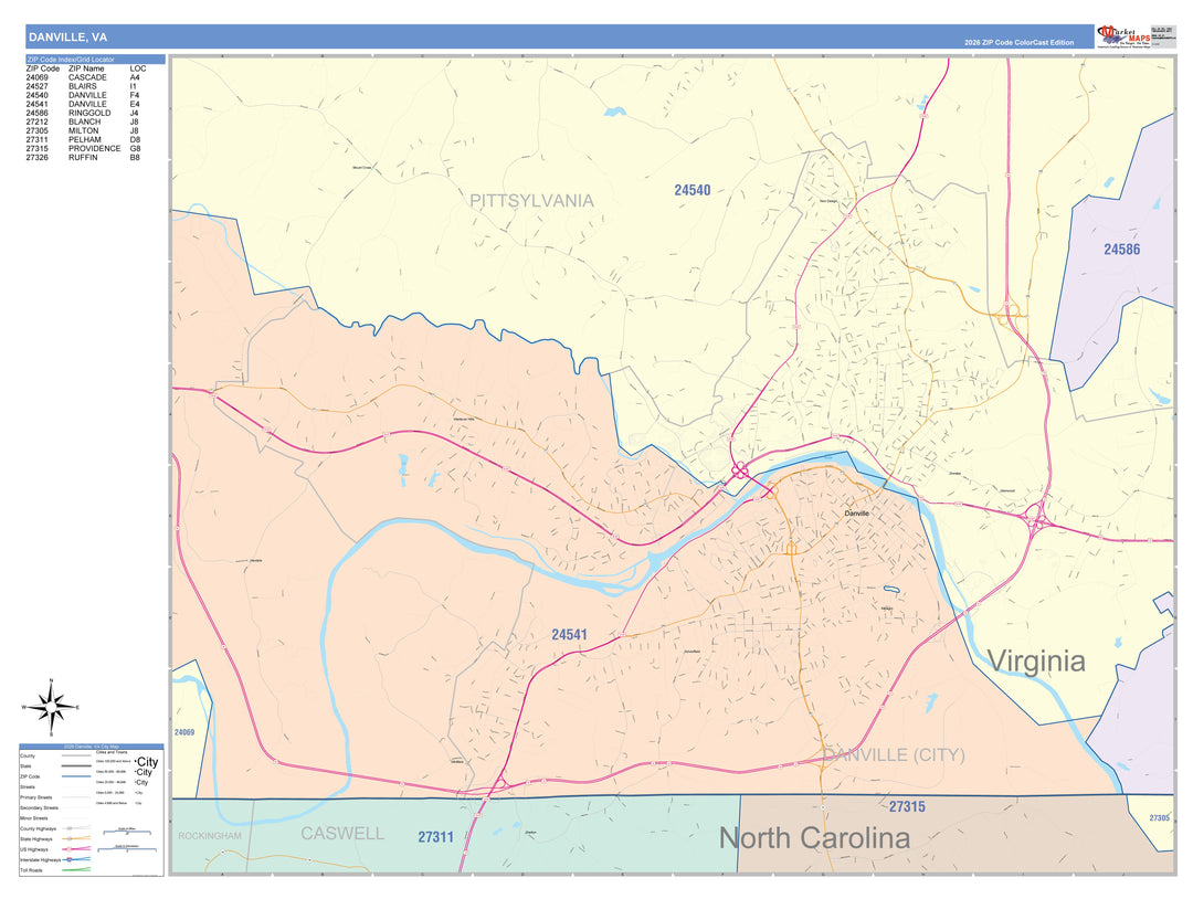 Color Cast Zip Code Style Wall Map of Danville, VA