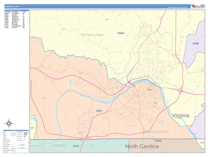 Color Cast Zip Code Style Wall Map of Danville, VA