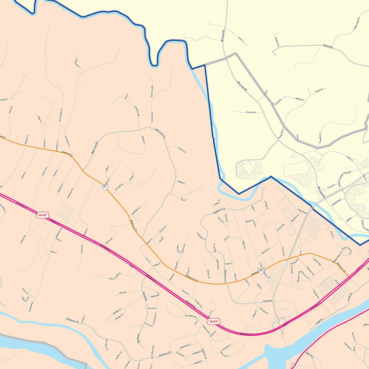 Color Cast Zip Code Style Wall Map of Danville, VA