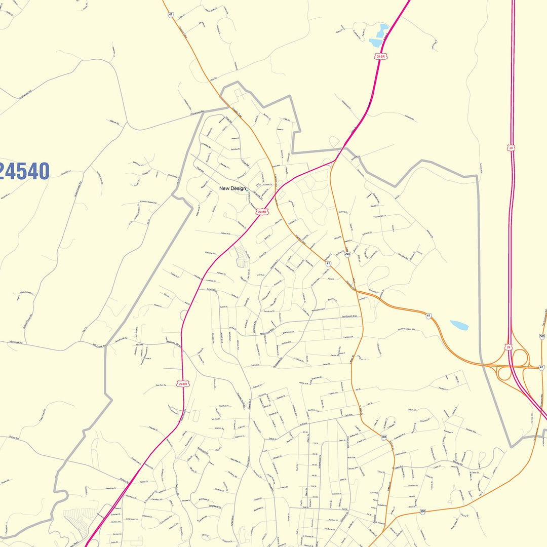 Color Cast Zip Code Style Wall Map of Danville, VA
