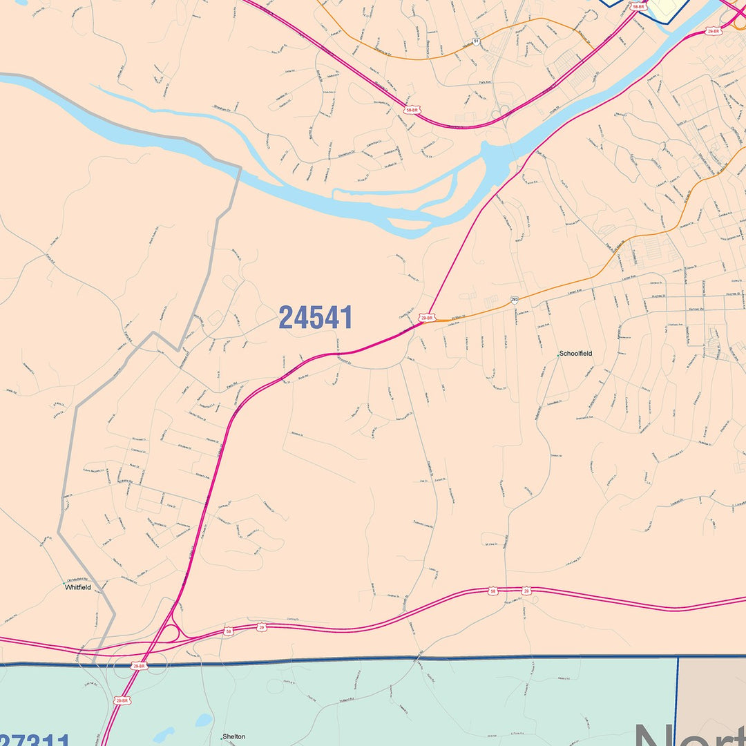 Color Cast Zip Code Style Wall Map of Danville, VA