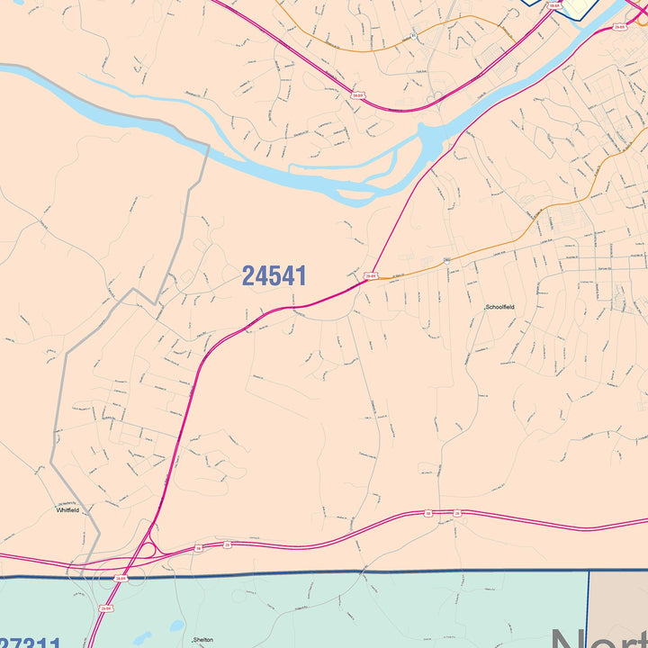 Color Cast Zip Code Style Wall Map of Danville, VA