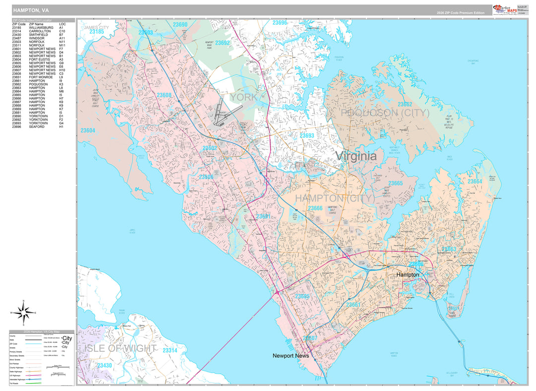Premium Style Wall Map of Hampton, VA