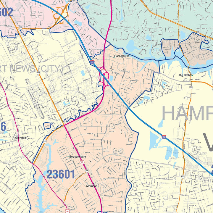Color Cast Zip Code Style Wall Map of Hampton, VA