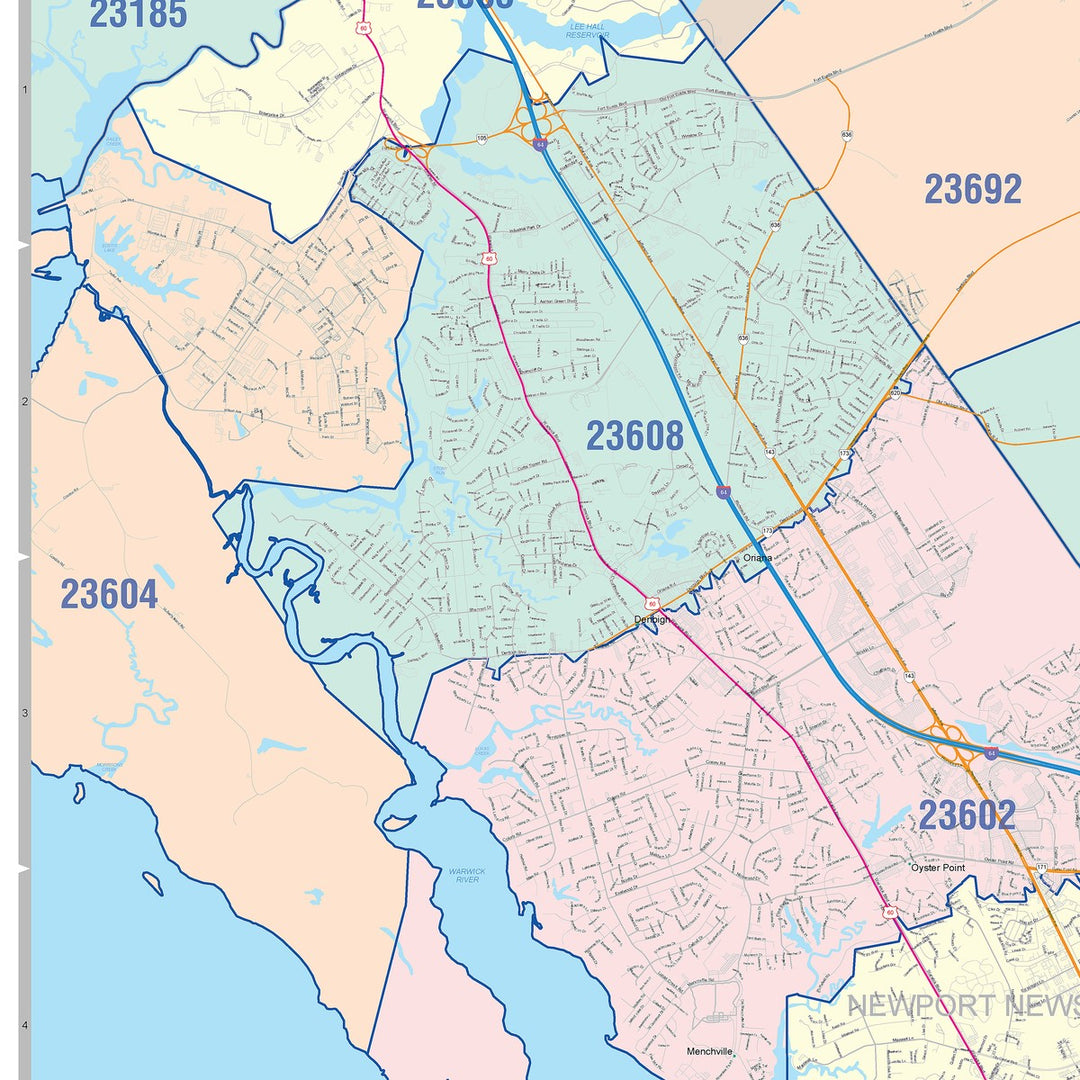 Color Cast Zip Code Style Wall Map of Hampton, VA