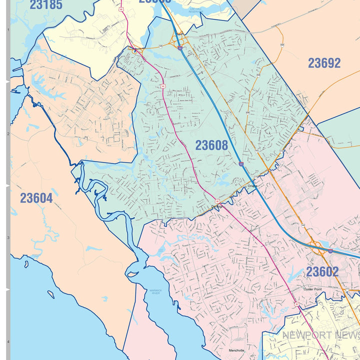 Color Cast Zip Code Style Wall Map of Hampton, VA