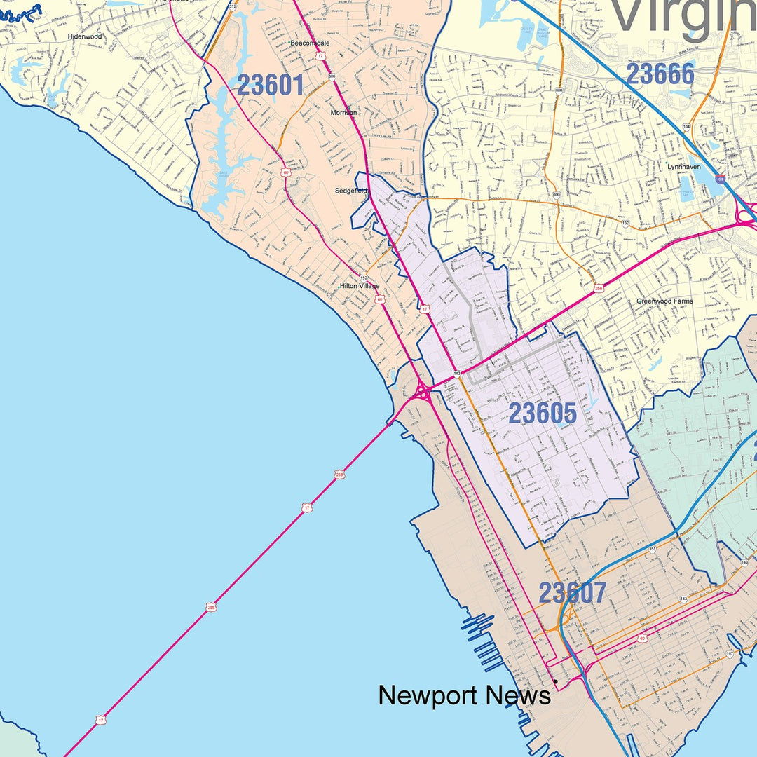 Color Cast Zip Code Style Wall Map of Hampton, VA