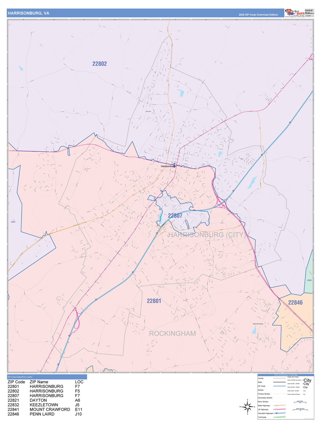 Color Cast Zip Code Style Wall Map of Harrisonburg, VA