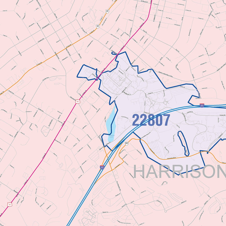 Color Cast Zip Code Style Wall Map of Harrisonburg, VA