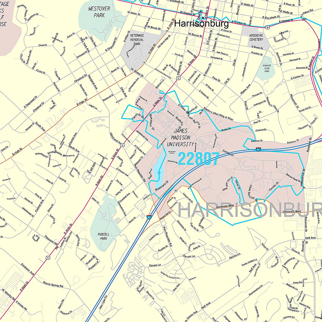 Premium Style Wall Map of Harrisonburg, VA