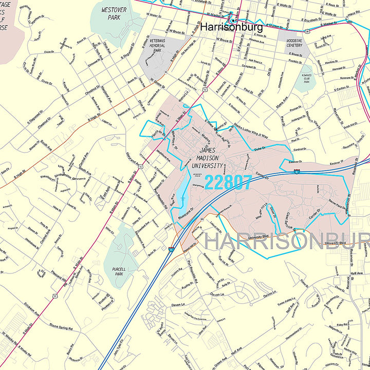 Premium Style Wall Map of Harrisonburg, VA