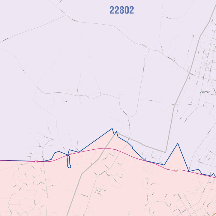 Color Cast Zip Code Style Wall Map of Harrisonburg, VA