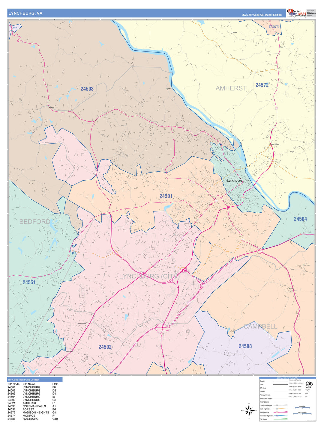 Color Cast Zip Code Style Wall Map of Lynchburg, VA