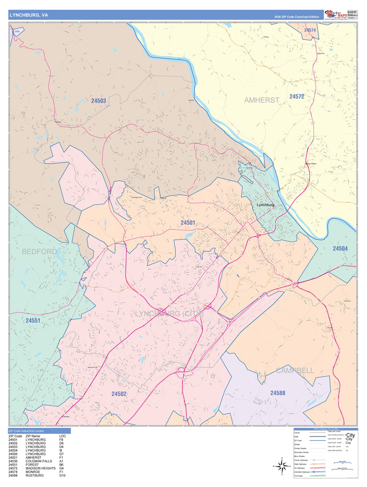 Color Cast Zip Code Style Wall Map of Lynchburg, VA