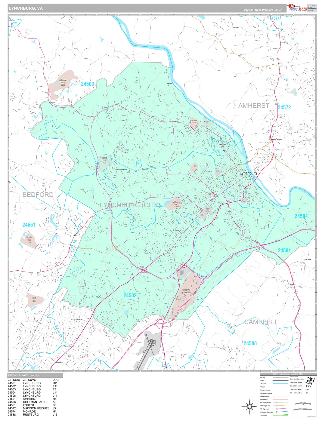 Premium Style Wall Map of Lynchburg, VA