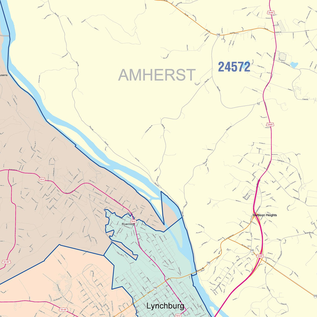 Color Cast Zip Code Style Wall Map of Lynchburg, VA