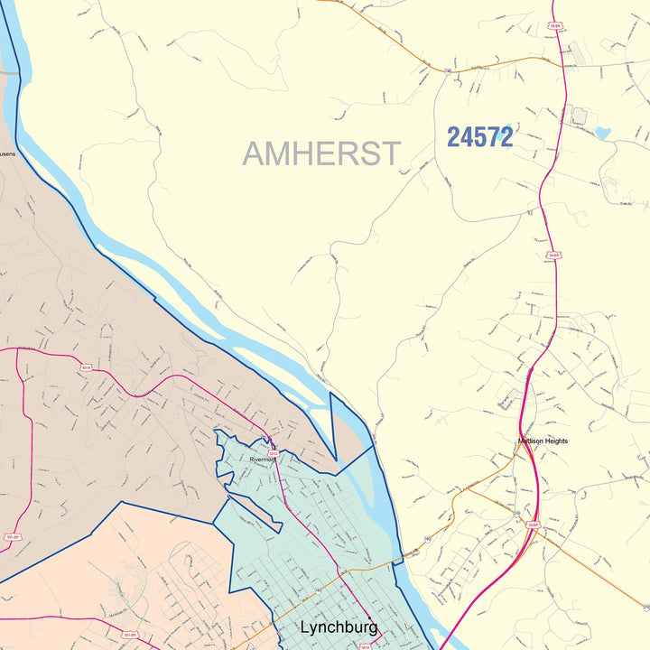 Color Cast Zip Code Style Wall Map of Lynchburg, VA