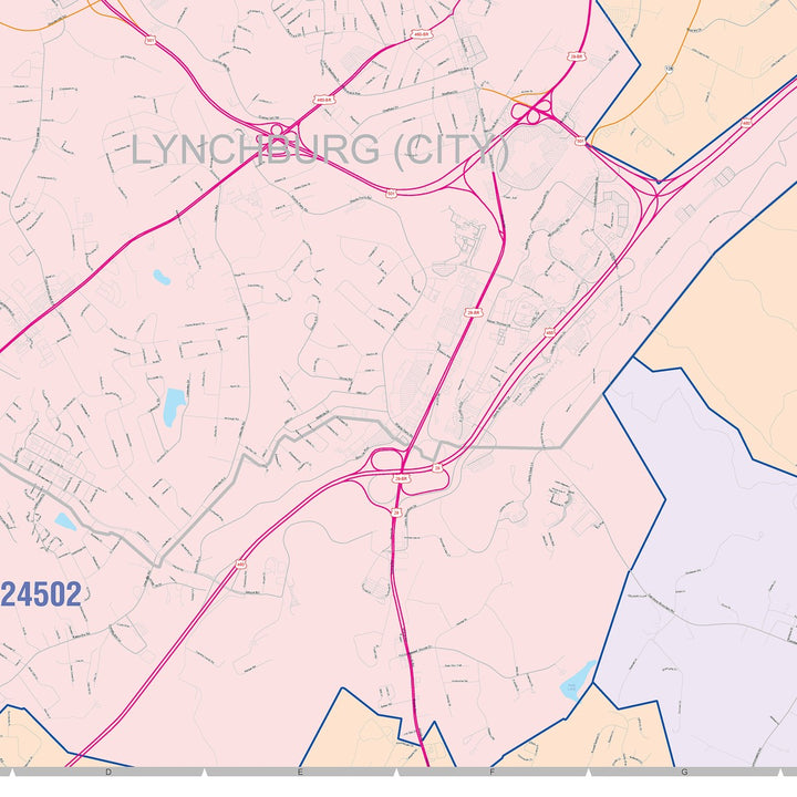 Color Cast Zip Code Style Wall Map of Lynchburg, VA