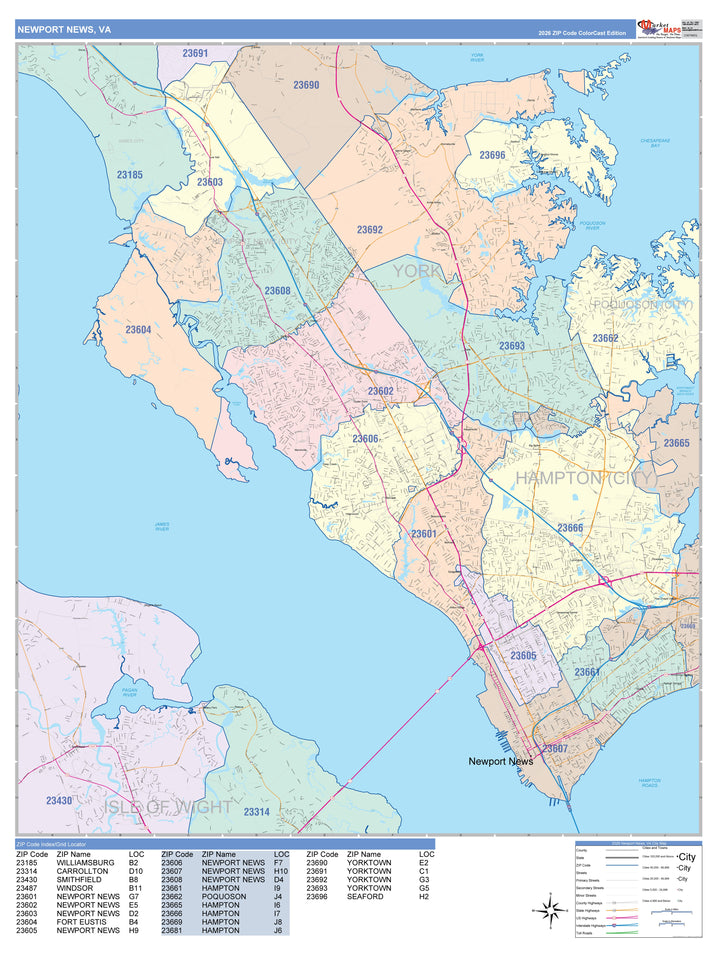 Color Cast Zip Code Style Wall Map of Newport News, VA
