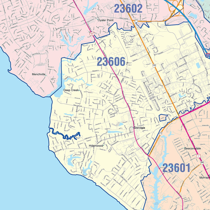 Color Cast Zip Code Style Wall Map of Newport News, VA