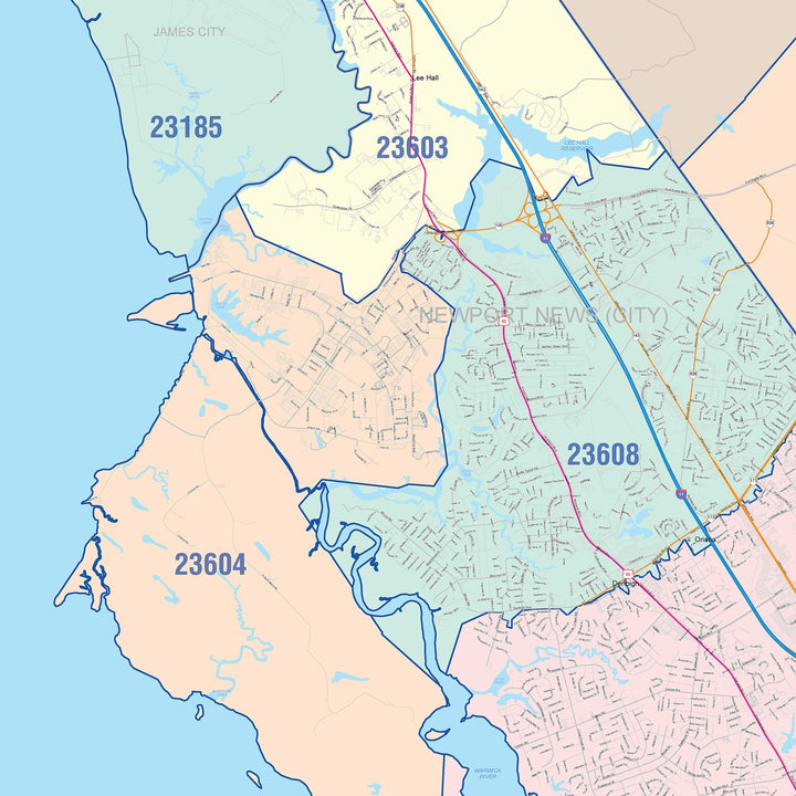 Color Cast Zip Code Style Wall Map of Newport News, VA