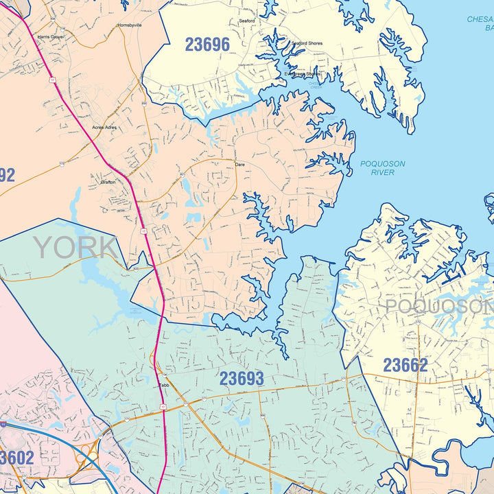 Color Cast Zip Code Style Wall Map of Newport News, VA