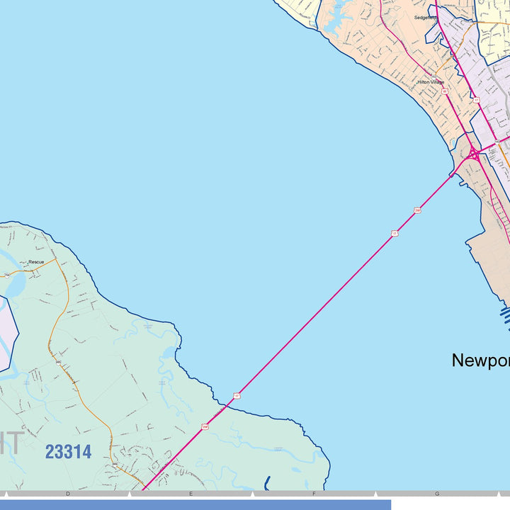 Color Cast Zip Code Style Wall Map of Newport News, VA
