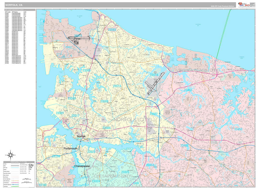 Premium Style Wall Map of Norfolk VA