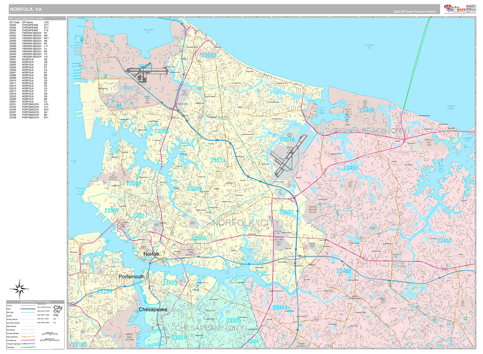 Premium Style Wall Map of Norfolk VA