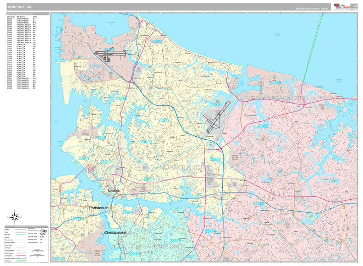 Premium Style Wall Map of Norfolk VA