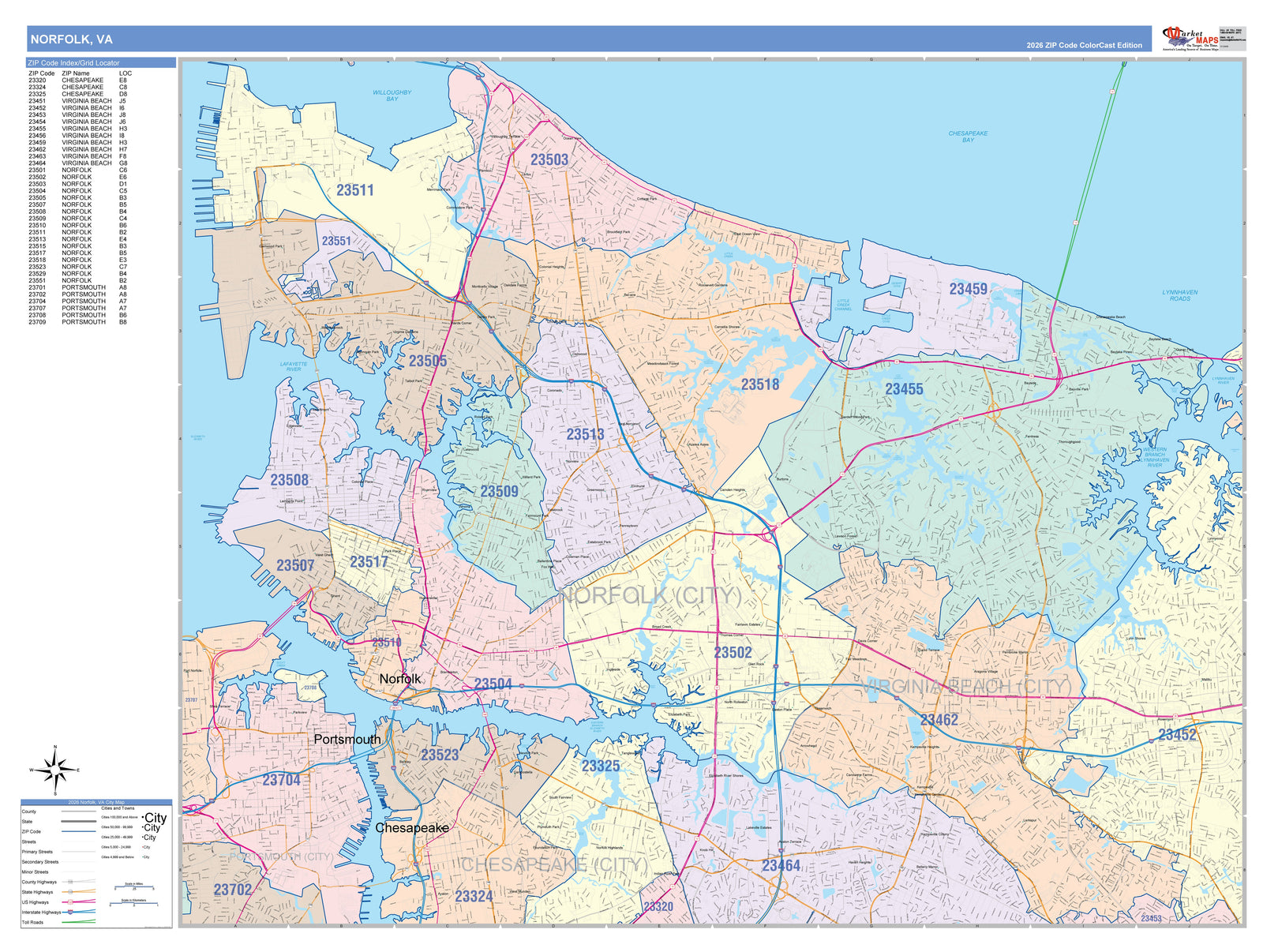 Color Cast Zip Code Style Wall Map of Norfolk VA