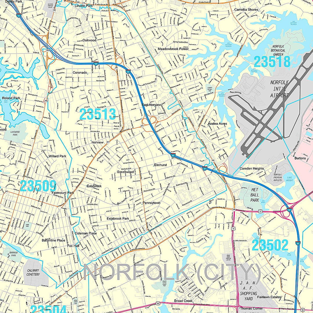 Premium Style Wall Map of Norfolk VA
