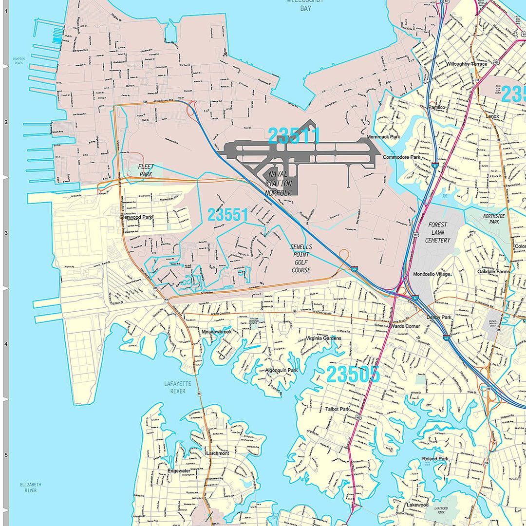 Premium Style Wall Map of Norfolk VA