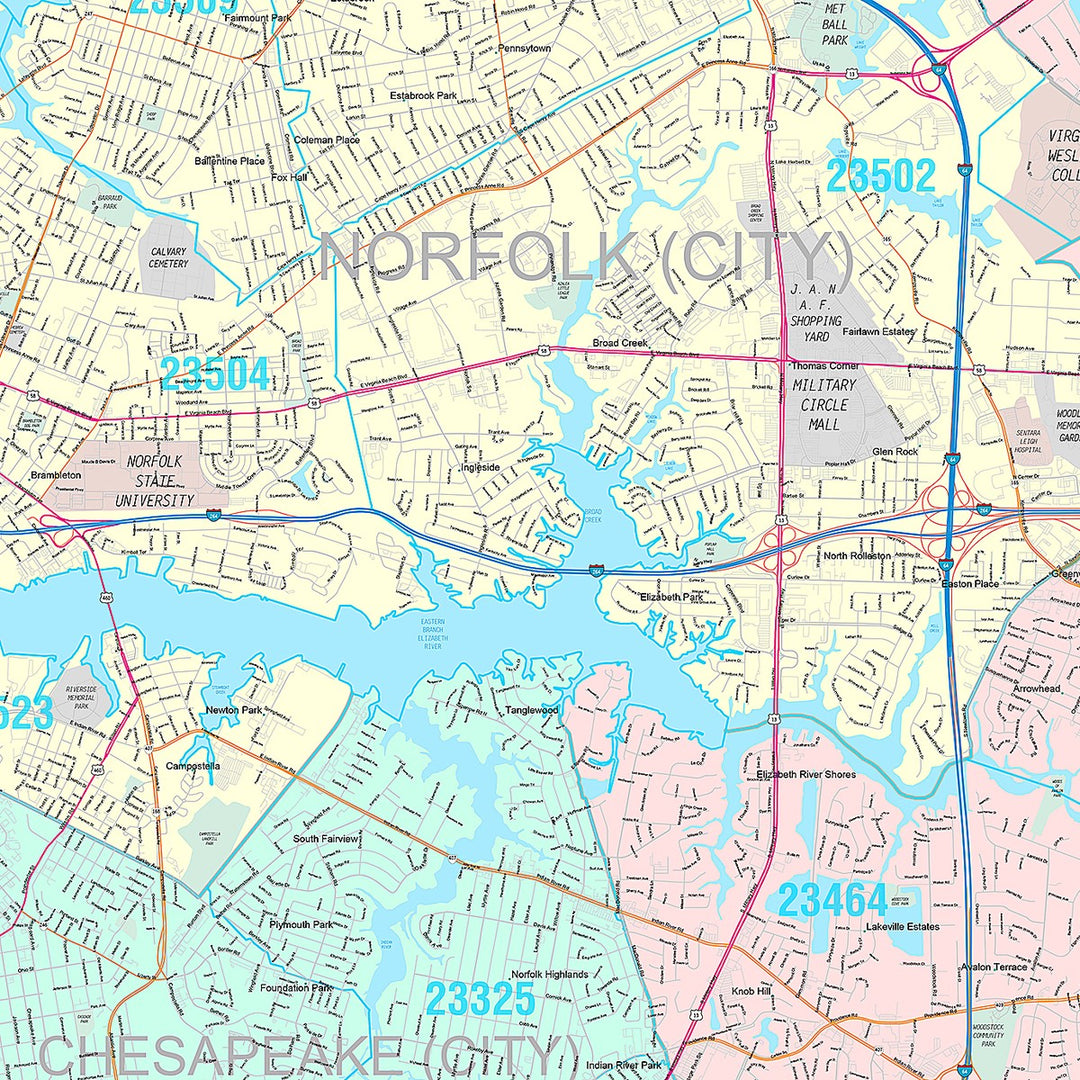 Premium Style Wall Map of Norfolk VA