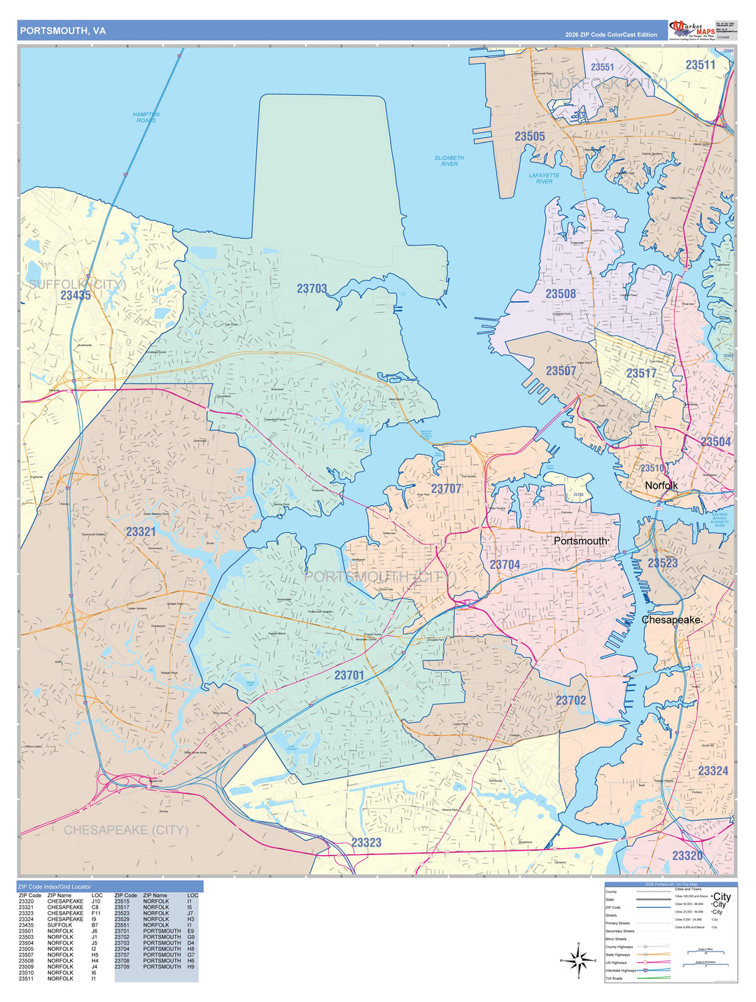 Color Cast Zip Code Style Wall Map of Portsmouth, VA