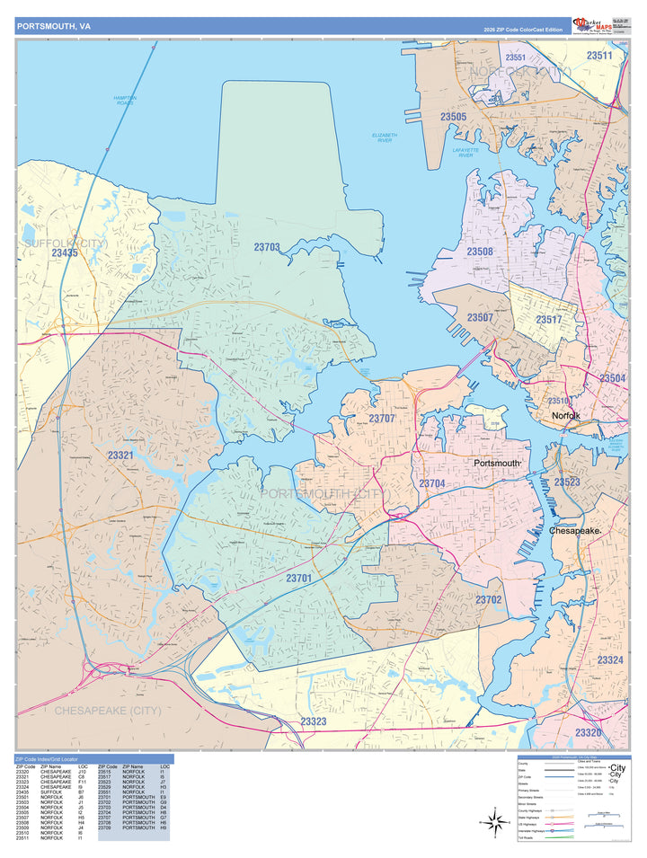 Color Cast Zip Code Style Wall Map of Portsmouth, VA