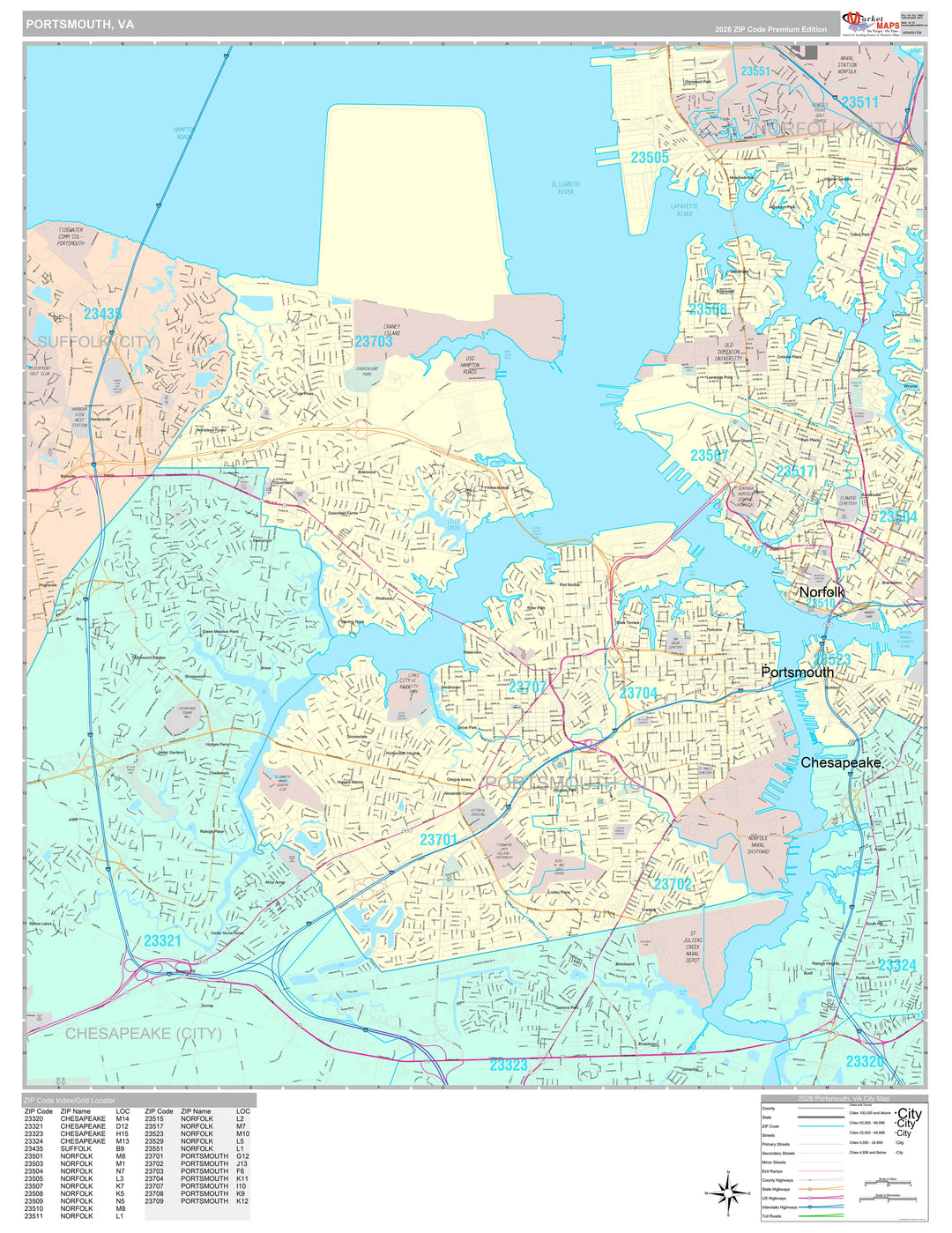 Premium Style Wall Map of Portsmouth, VA