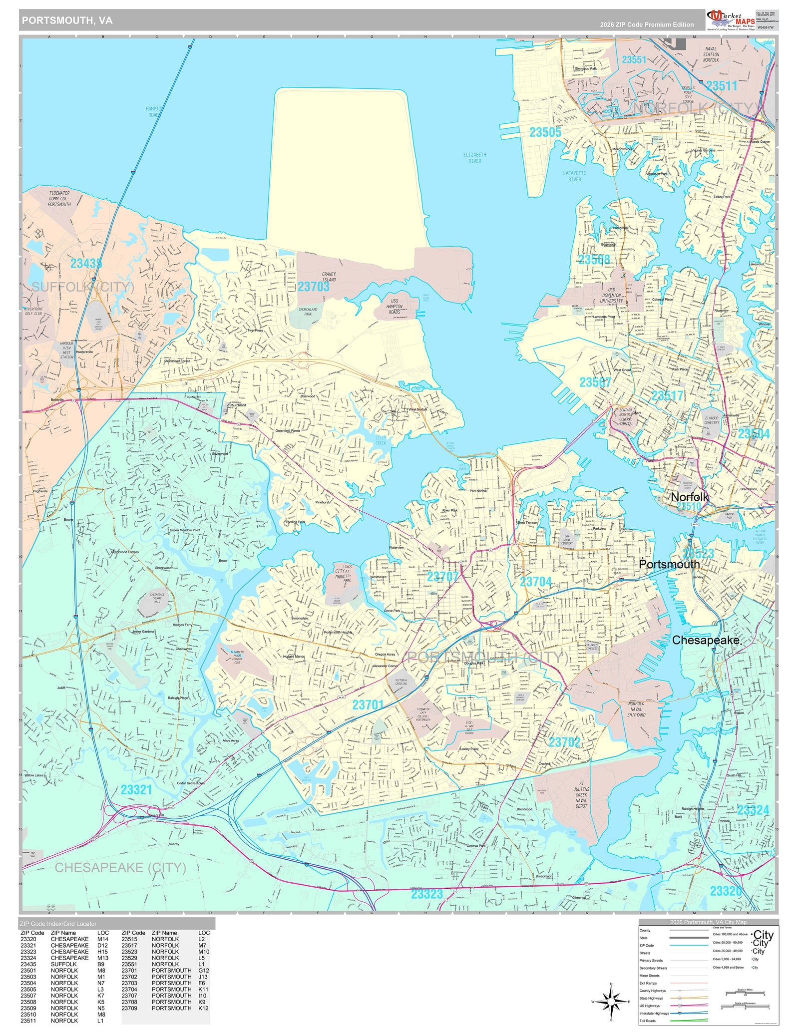 Premium Style Wall Map of Portsmouth, VA