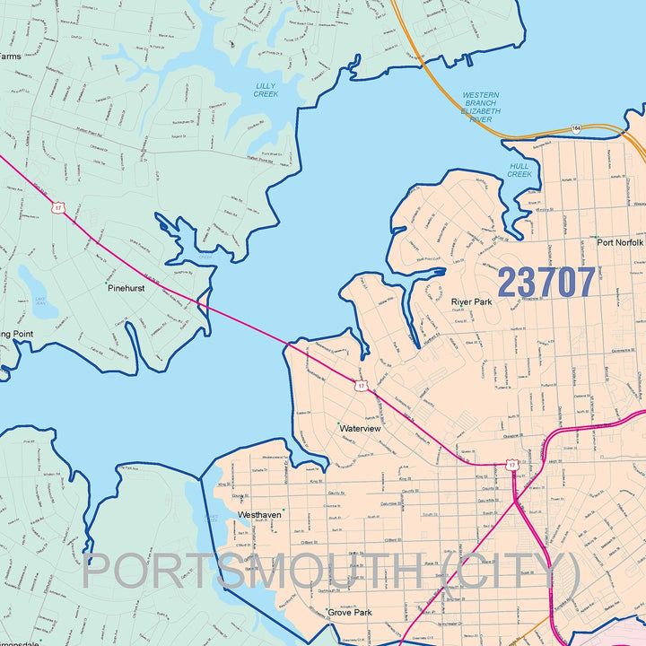 Color Cast Zip Code Style Wall Map of Portsmouth, VA