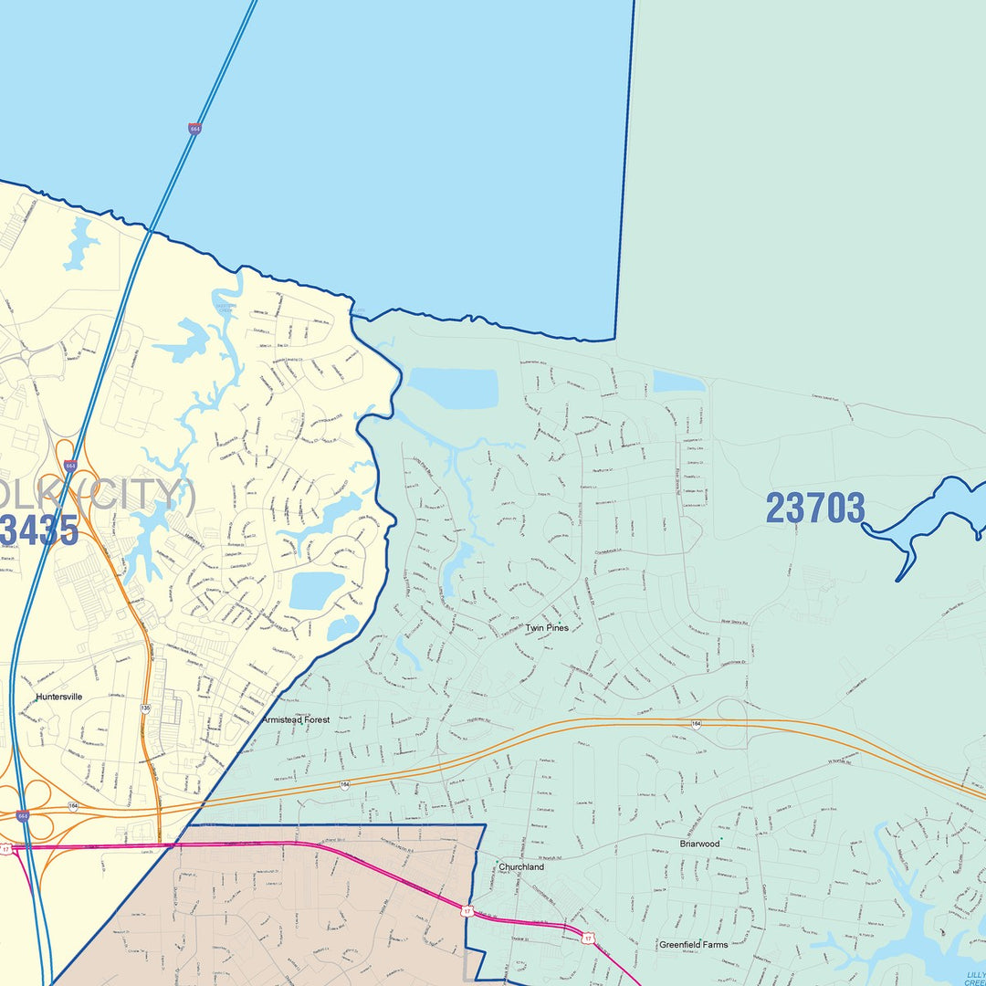 Color Cast Zip Code Style Wall Map of Portsmouth, VA