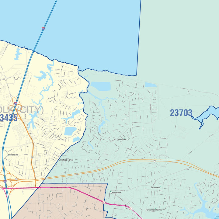 Color Cast Zip Code Style Wall Map of Portsmouth, VA