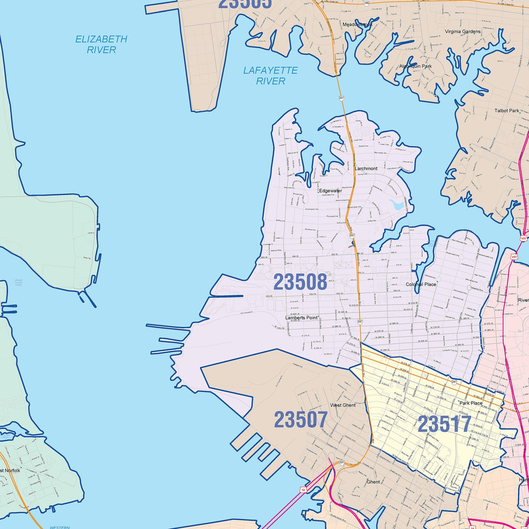 Color Cast Zip Code Style Wall Map of Portsmouth, VA