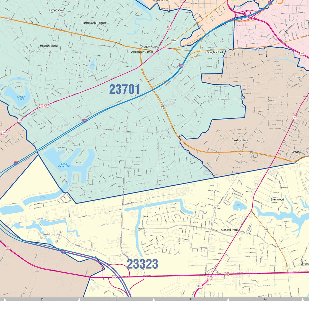 Color Cast Zip Code Style Wall Map of Portsmouth, VA