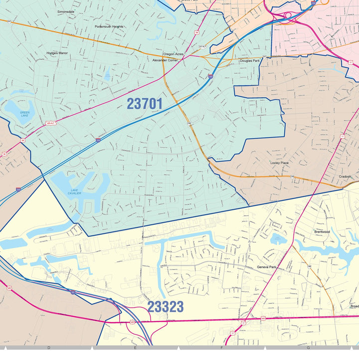 Color Cast Zip Code Style Wall Map of Portsmouth, VA