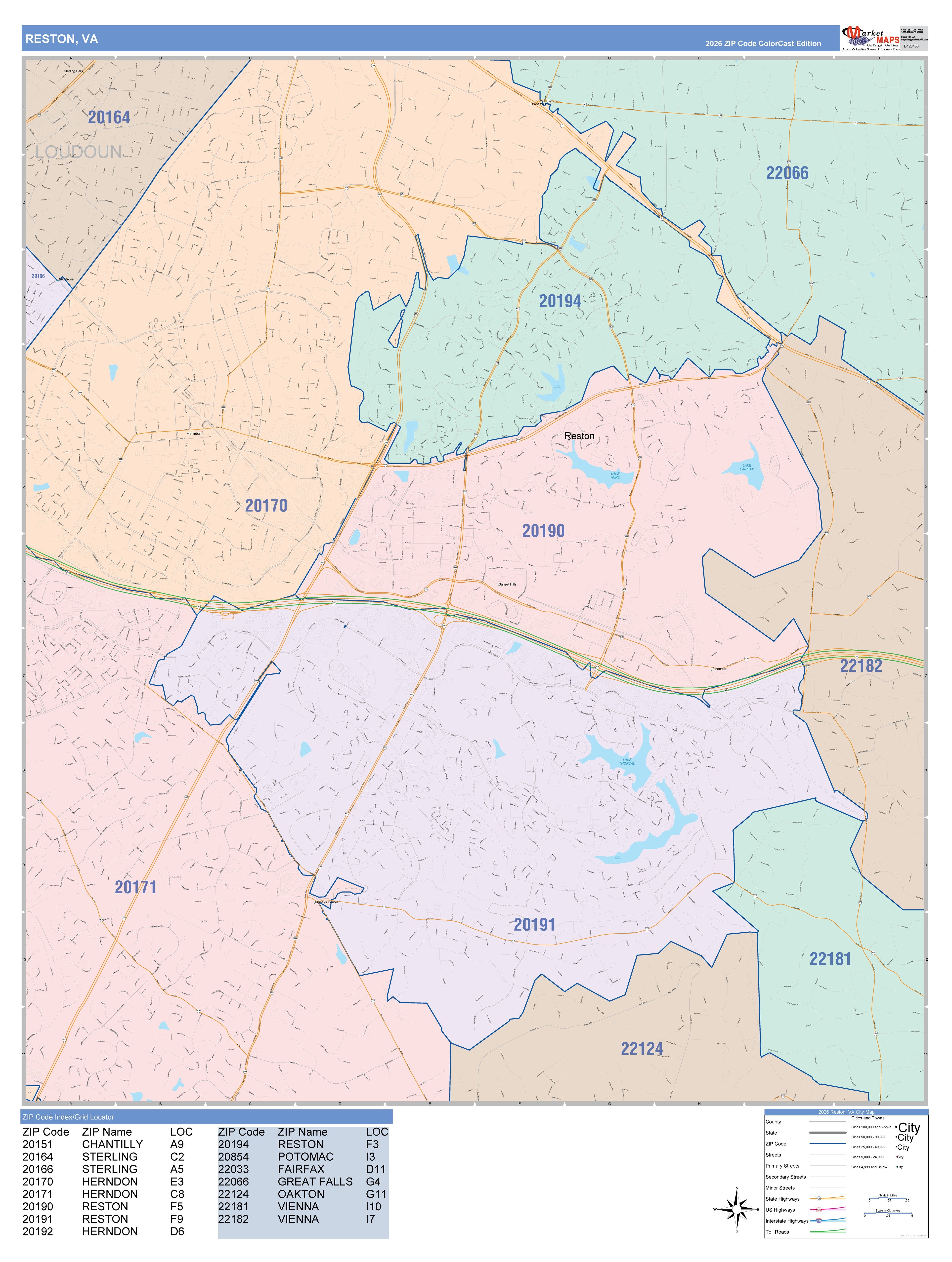 Color Cast Zip Code Style Wall Map of Reston, VA – American Map Store