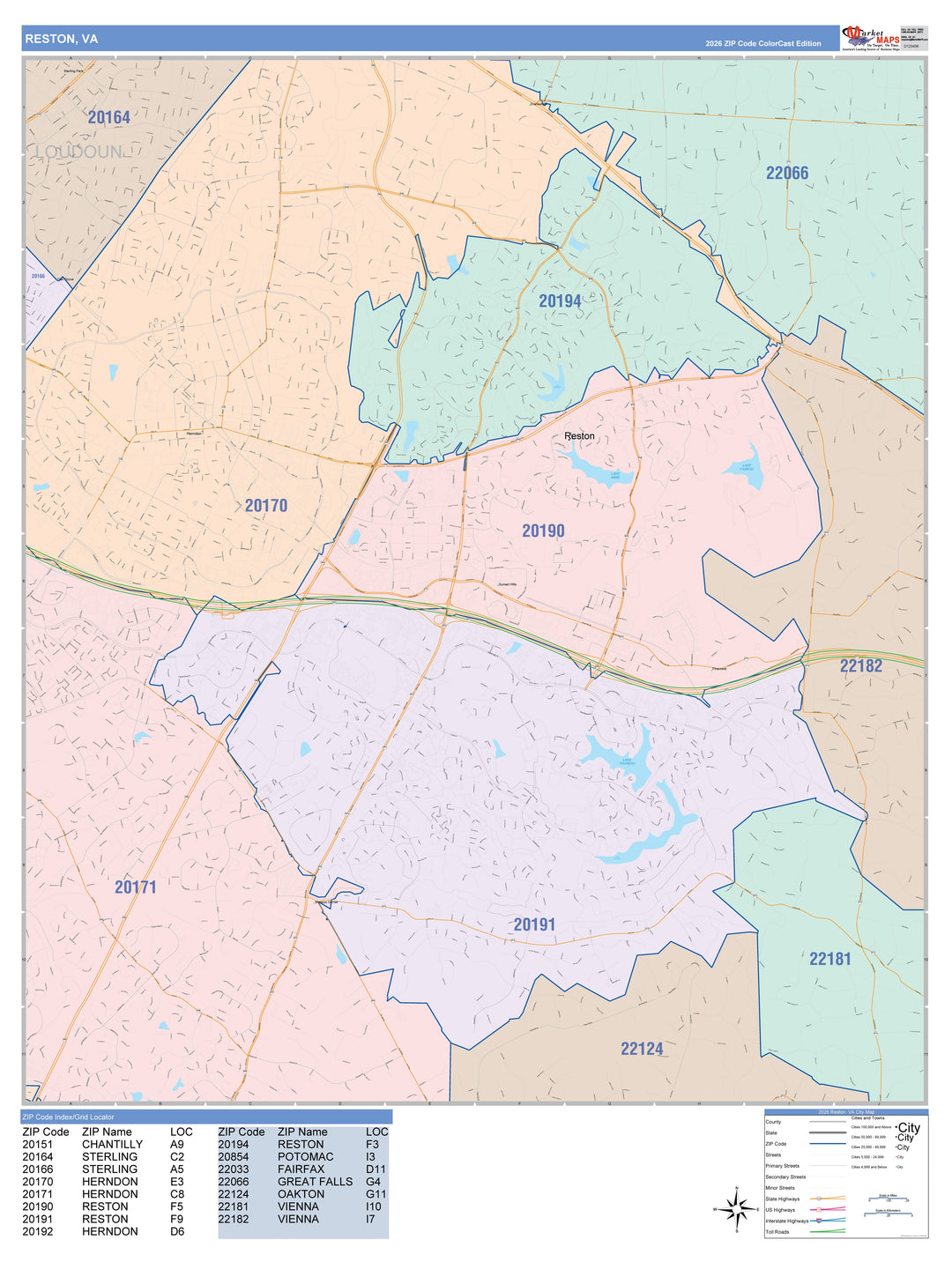 Color Cast Zip Code Style Wall Map of Reston, VA