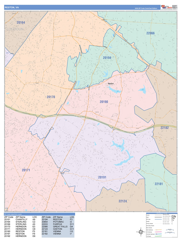 Color Cast Zip Code Style Wall Map of Reston, VA